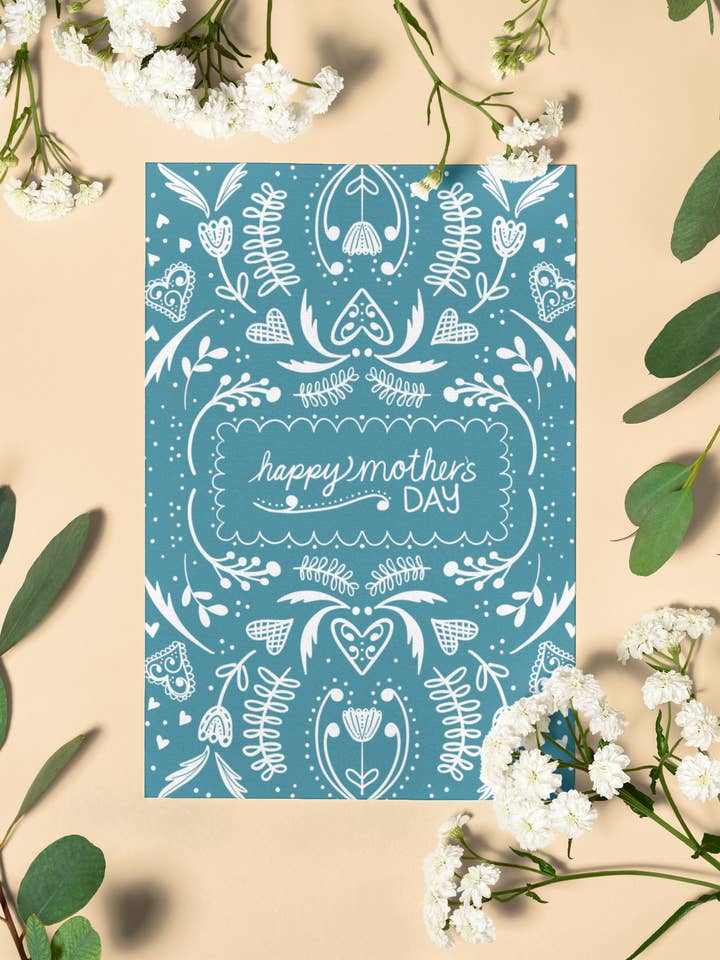 Teal Scandinavian Mother's Day Card – Nordic Floral for wholesale by Beth Ann Erickson Designs
