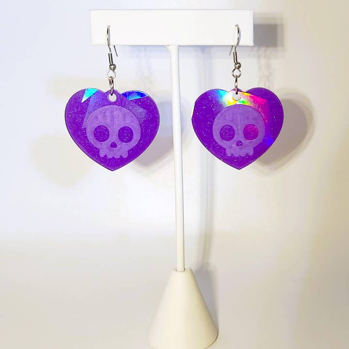 Halloween Skull Heart Shaped Holographic Glittery Earrings for wholesale by Slightly Askew Art