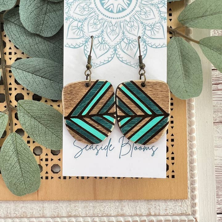 Boho hand painted lightweight flower maple wood earrings for wholesale by Seasideblooms