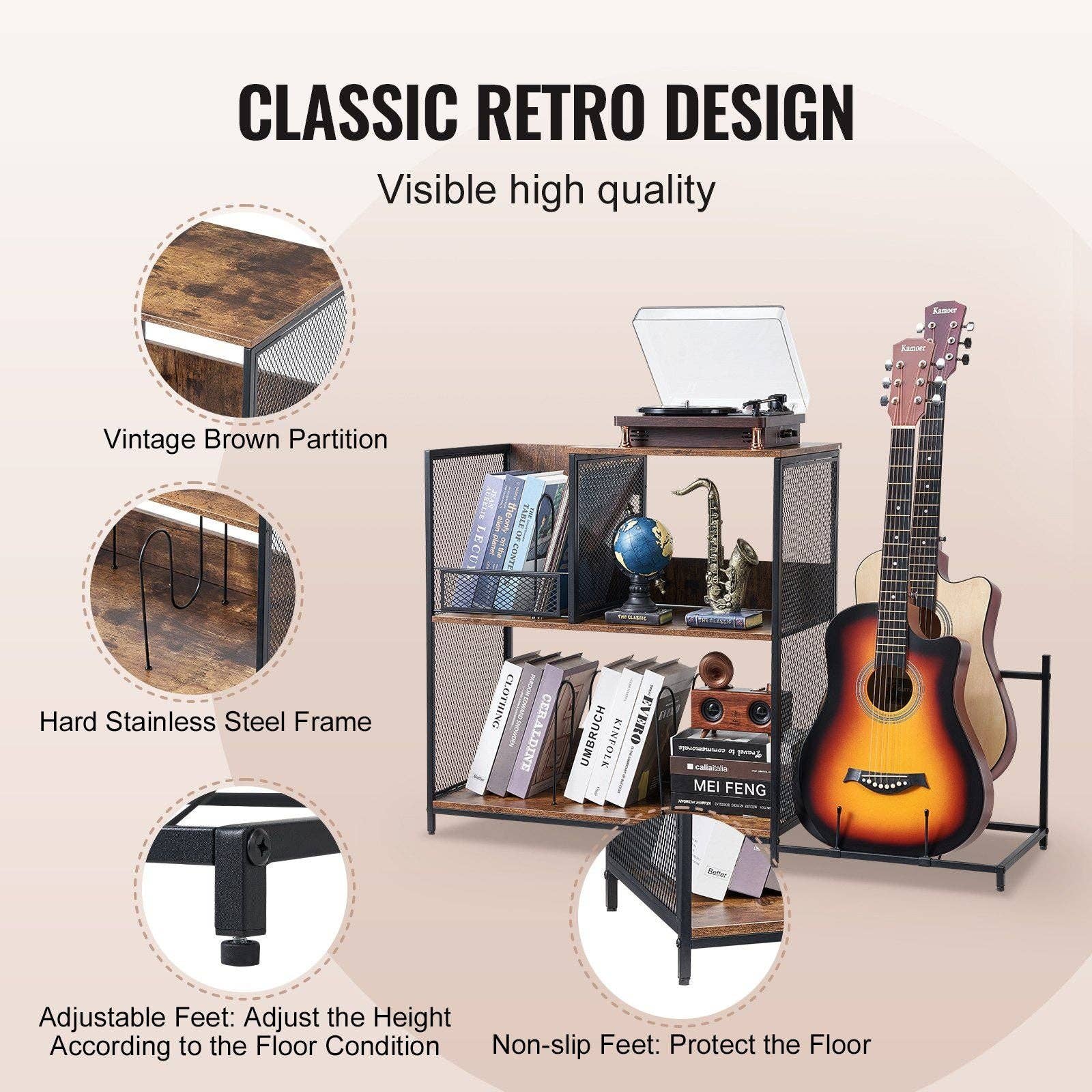 Hard Rock Health Stores - Wholesale Retailer Display Stand/Case - Record Player Stand 3-Tier Metal Turntable Stand with Guitar Store Black4