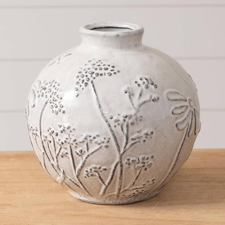 Short Debossed Botanical Vase, Gray (PC) for wholesale by Audrey's Home & Gift