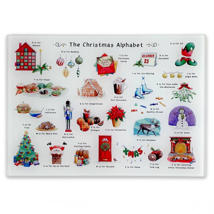 The Christmas Alphabet Glass Cutting Board for wholesale by Yeti Cards & Gifts