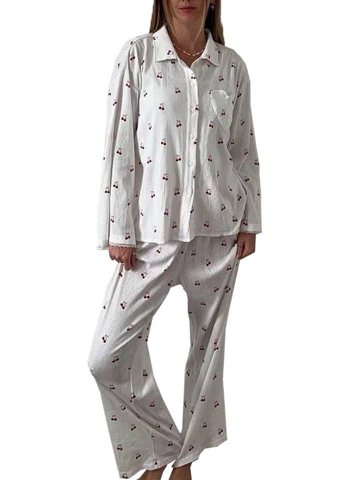 DE VAVE - Wholesale Sleepwear Set - Women's - Cherry Print Button-Front Pajama Set