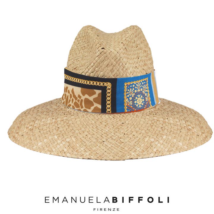 EMANUELA BIFFOLI FIRENZE - Wholesale Straw Hat - Women's - STRAW HAT WITH GEOMETRIC PRINT RIBBON