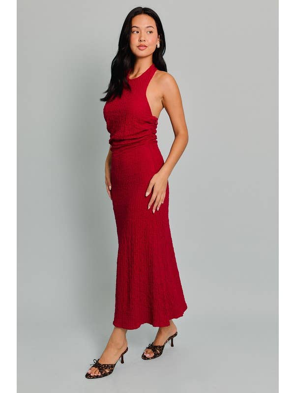 Burgundy HALTER NECK TEXTURED MIDI DRESS WITH ADJUSTABLE STRAP for wholesale on Faire