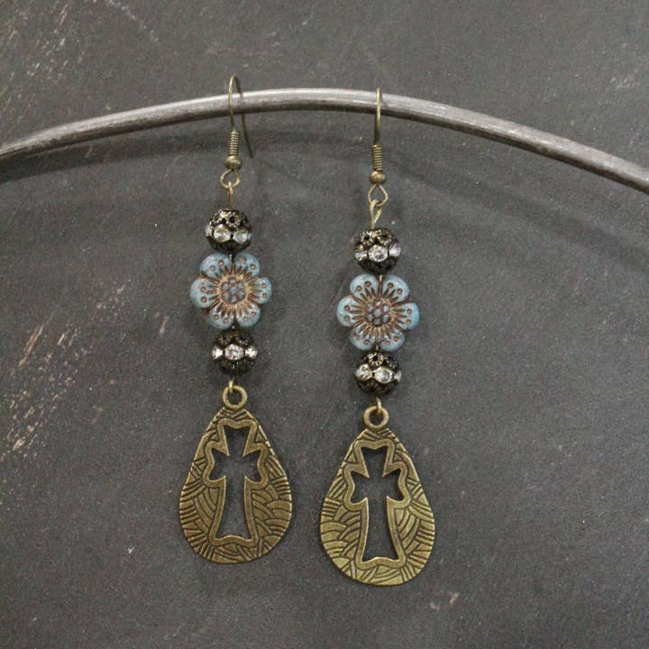 Vintage Bronze Cross & Denim Czech Dangle Earrings for wholesale by The Primitive Peddler, Inc.