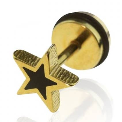 VERGULDE 316L CHIRURGISCH STALEN NEPPLUG W/ZWARTE STER voor wholesale door CRAVE BODY JEWELRY