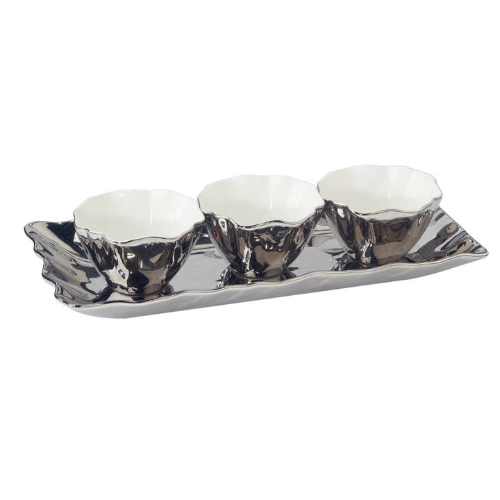 Certified International - Wholesale Serving tray - Silver Coast 4 pc. Tray w Bowls 14x6.25(bowls 4.25x4)2