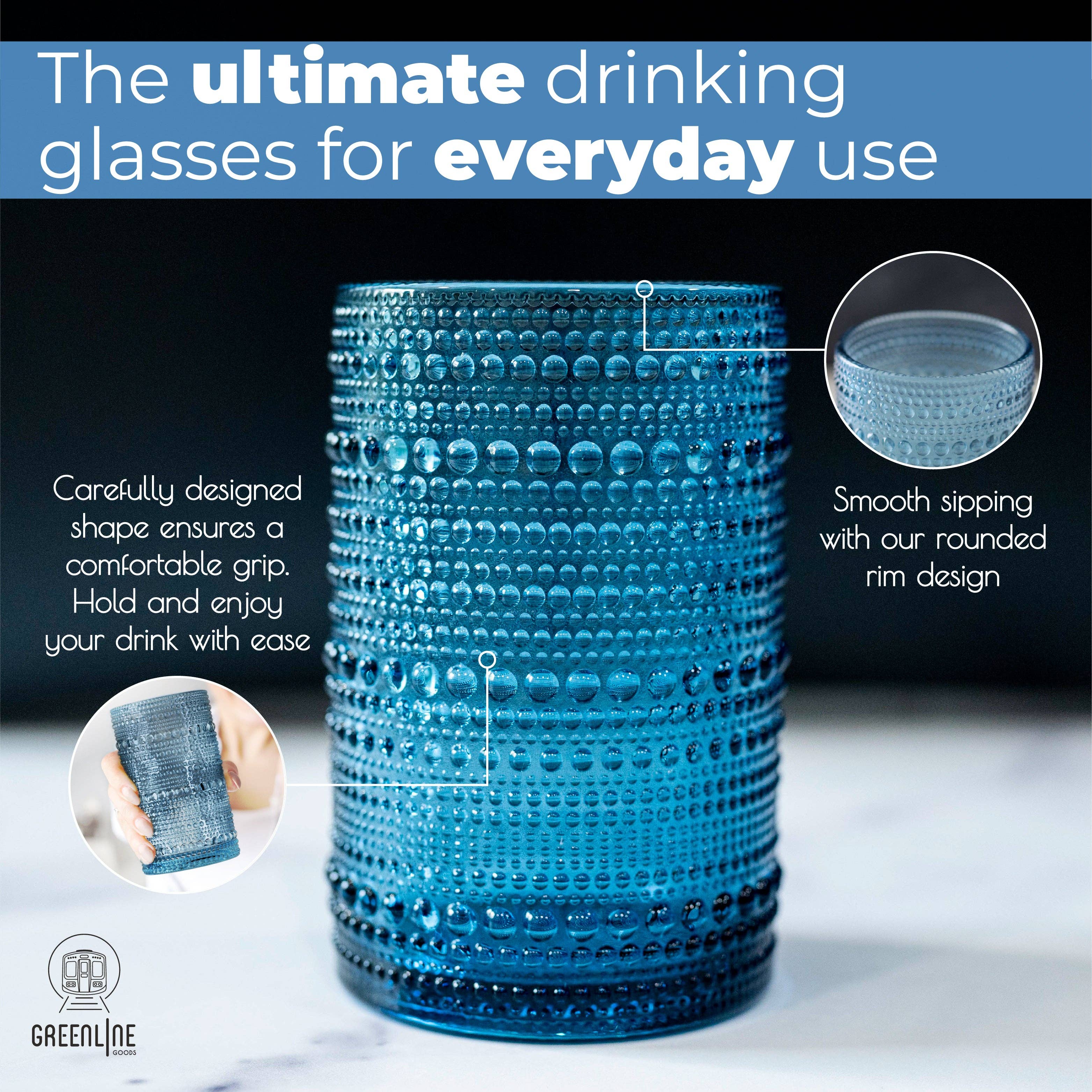 Greenline Goods - Wholesale Drinking Glass/Cup - Hobnail Drinking Glasses - Blue 14 oz ( Set of 4 )5
