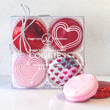 Valentine's 4pc Milk Chocolate Covered Cookies- Drawn Hearts for wholesale by Maggie Lyon Chocolatiers
