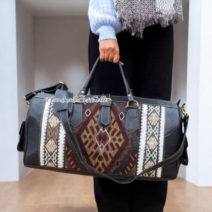 Moroccan Leather & Kilim Duffle Bag – Handmade Travel and other Purchase Wholesale canvas duffle bag. Free Returns & Net 60 Terms on Faire trending on Faire.