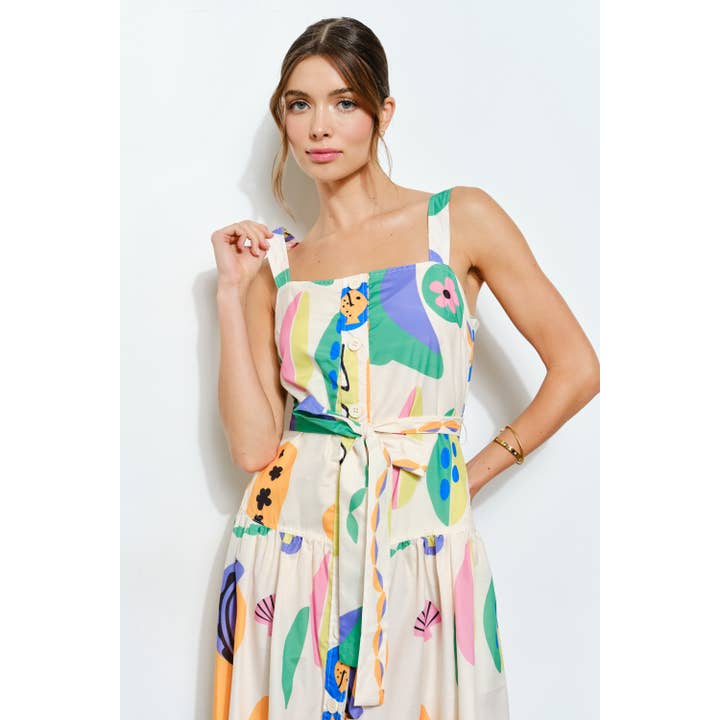 IVORY MULTI Sleeveless Square Neck Playful Printed Maxi Dress for wholesale on Faire