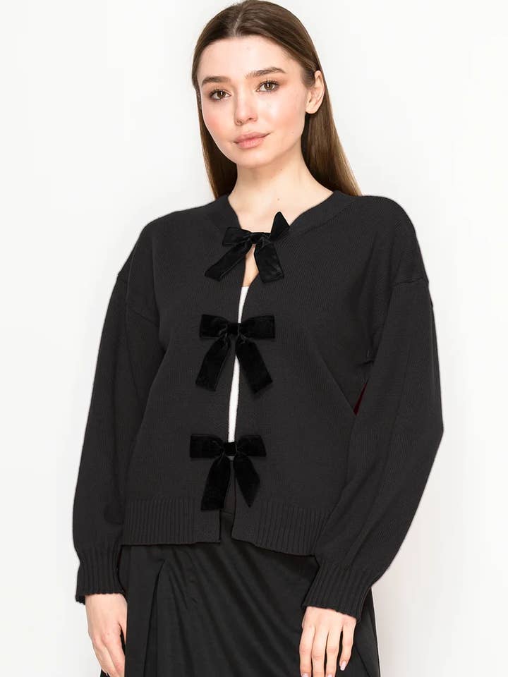 Cardigan With Velvet Bows – Black for wholesale by Yal New York