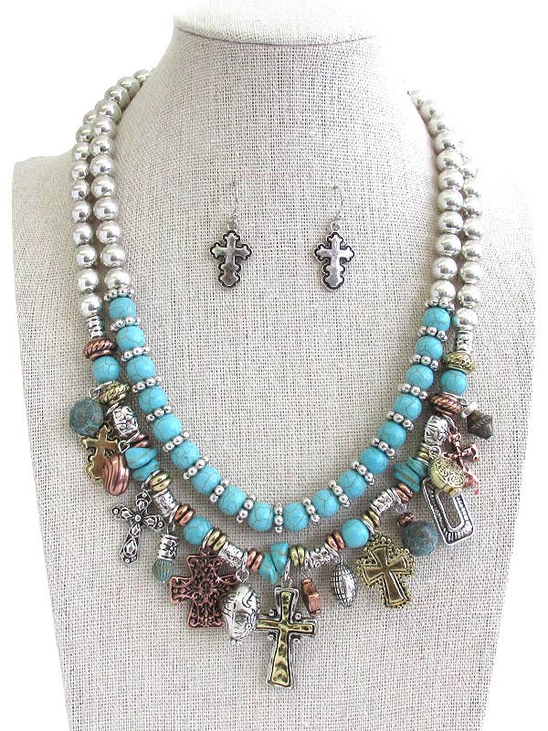 ( HX1121 ) CROSS CHARM TURQUOISE CHUNKY NECKLACE for wholesale by Jewelry Max
