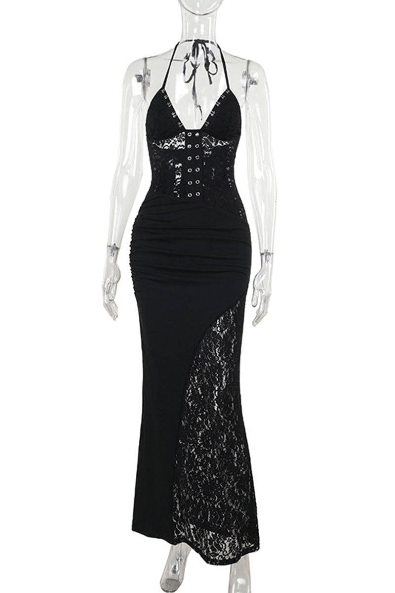 BLACK Halter Neck Ruched Lace Maxi Dress for wholesale on Faire2