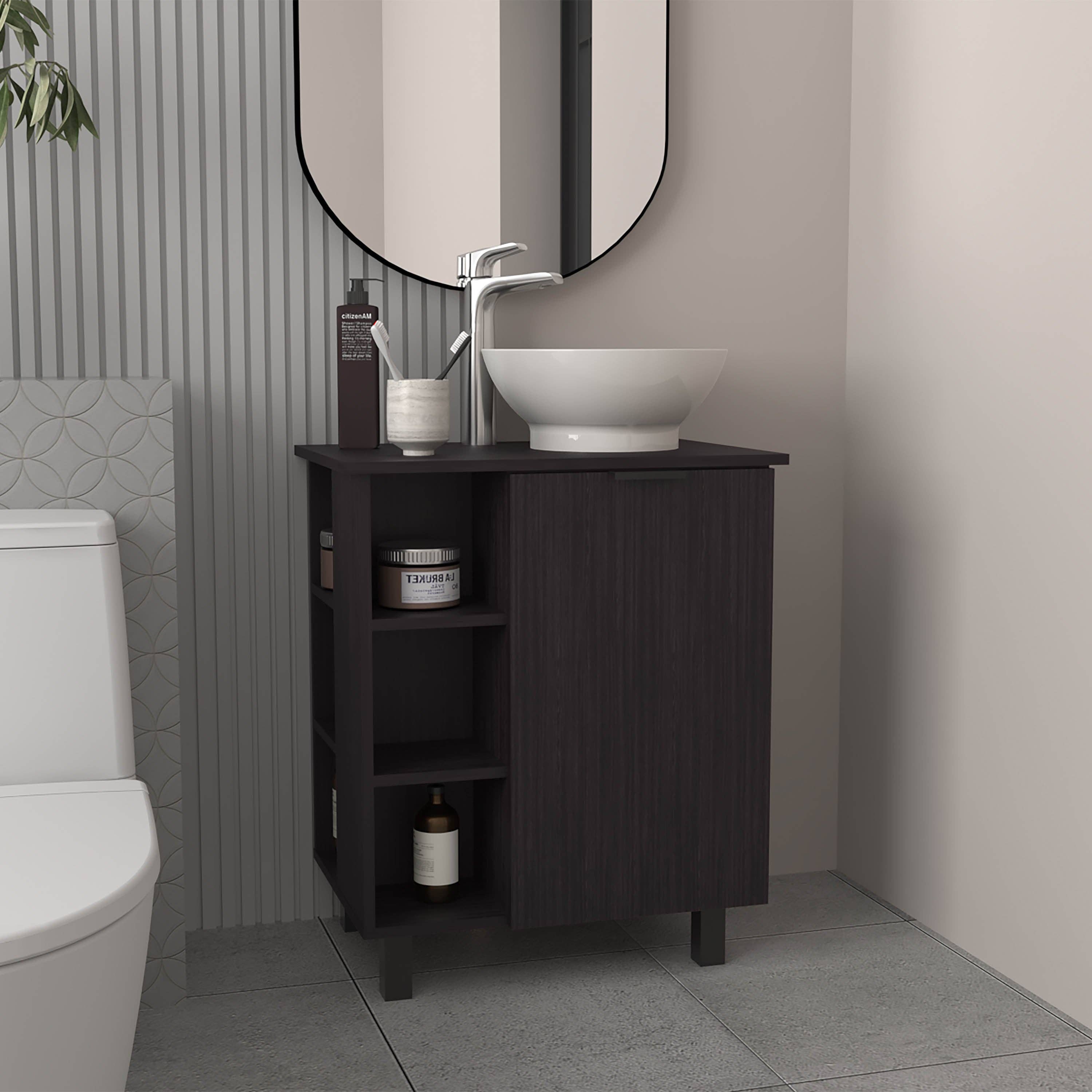 Black Allegra Vessel Sink Vanity With One Door Storage And Open Shelves, Freestanding Bathroom Cabinet for wholesale on Faire