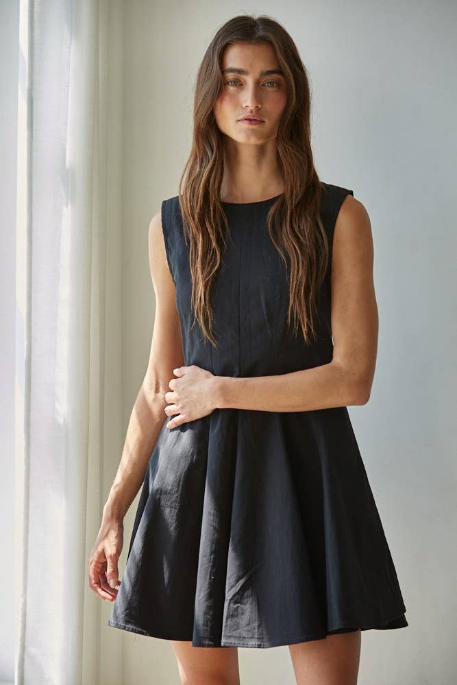 Black L8589 | Woven Cotton Nylon Spandex Flare Mini Dress for wholesale on Faire0