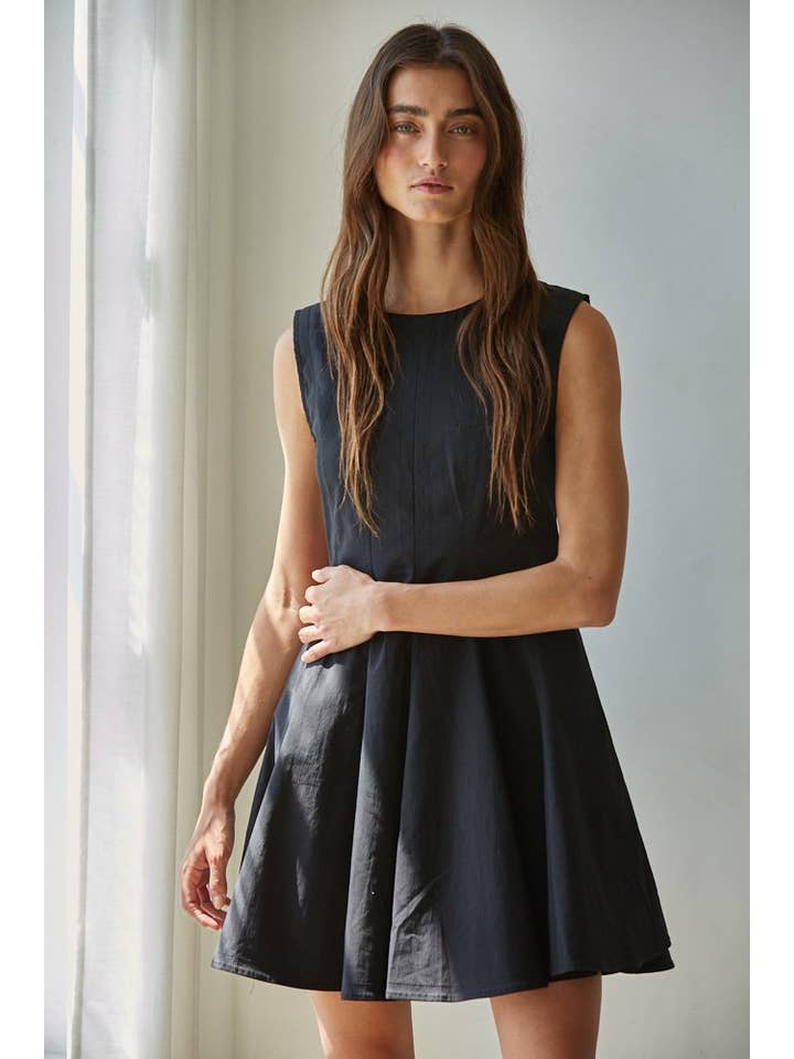 Black L8589 | Woven Cotton Nylon Spandex Flare Mini Dress for wholesale on Faire