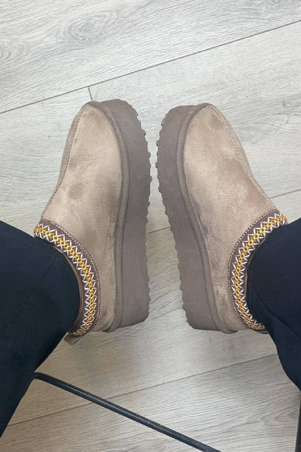 CAMEL TAUPE PLATFORM SLIPPERS FAUX FUR LINED ANKLE BOOTS for wholesale on Faire4