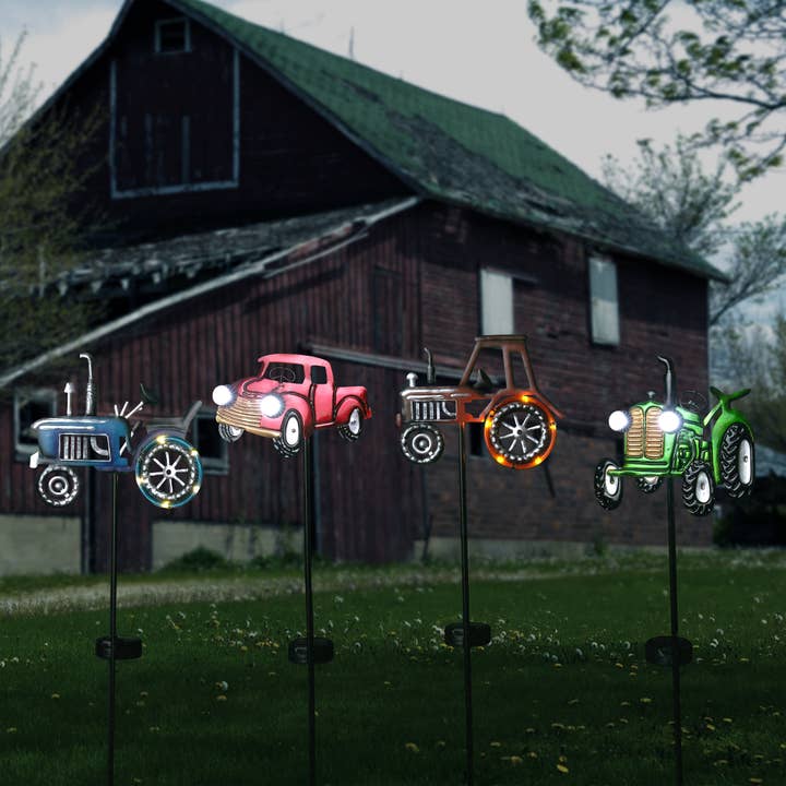 Alpine Corporation - Wholesale Garden/Lawn Stake - Solar Vintage Truck and Tractor Stake w/ LED - Tray Pk of 12