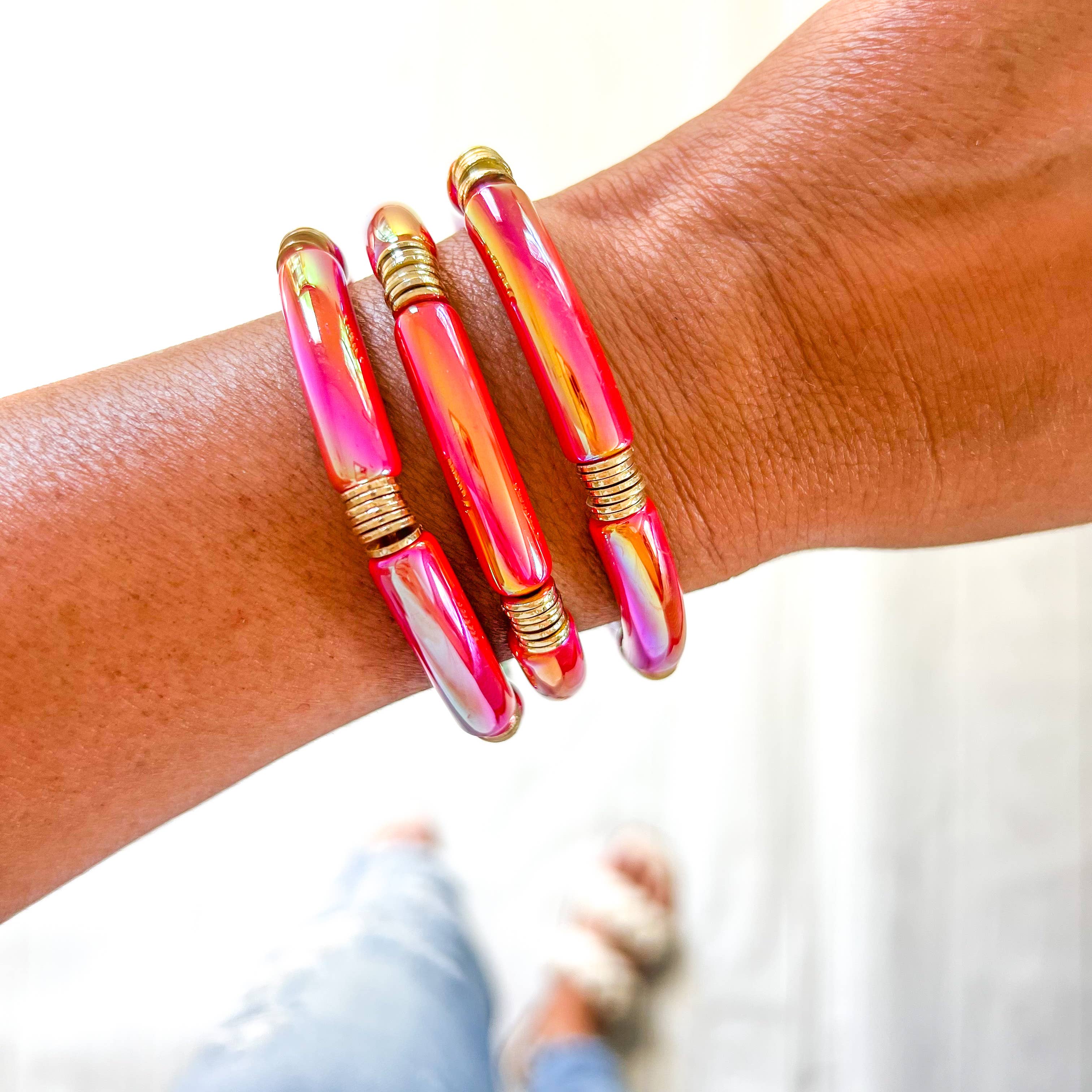 Savvy Bling – wholesale Beaded bracelet – Metallic #7 Red Pink Yellow Acrylic Tube Bamboo Bracelet1