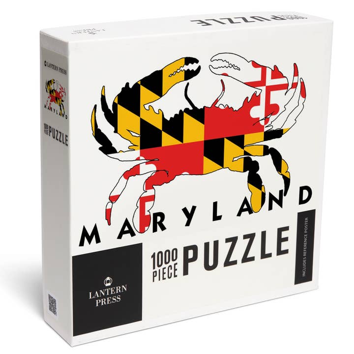 Puzzle da 1000 pezzi del Maryland, bandiera a forma di granchio (bianco con testo nero) per la vendita all'ingrosso da parte di Lantern Press