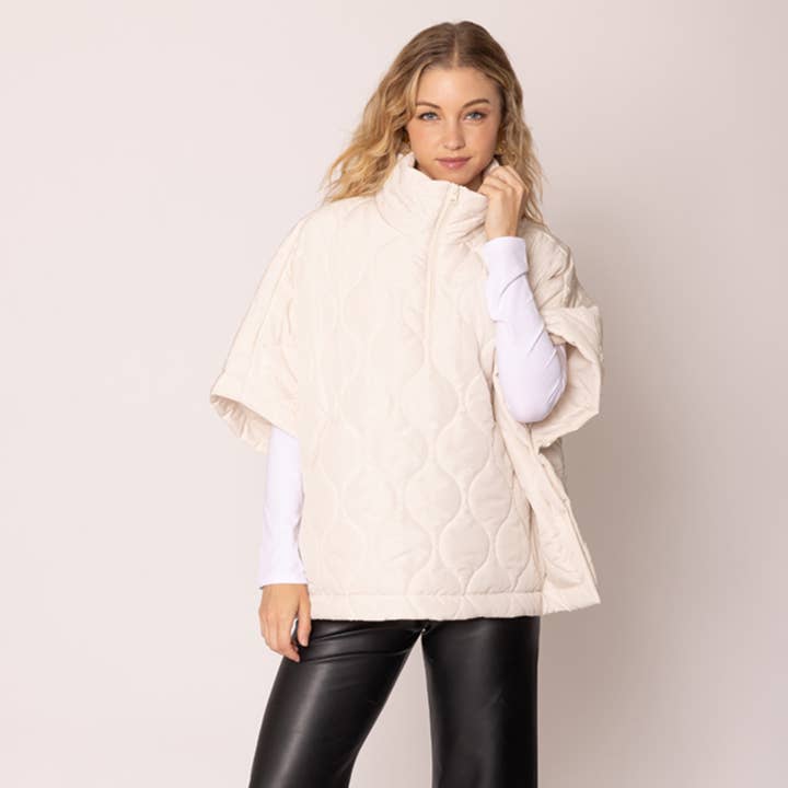 Fashion City – wholesale Poncho – Women's – Stand Up Collar Quilted Cape Poncho Jacket
