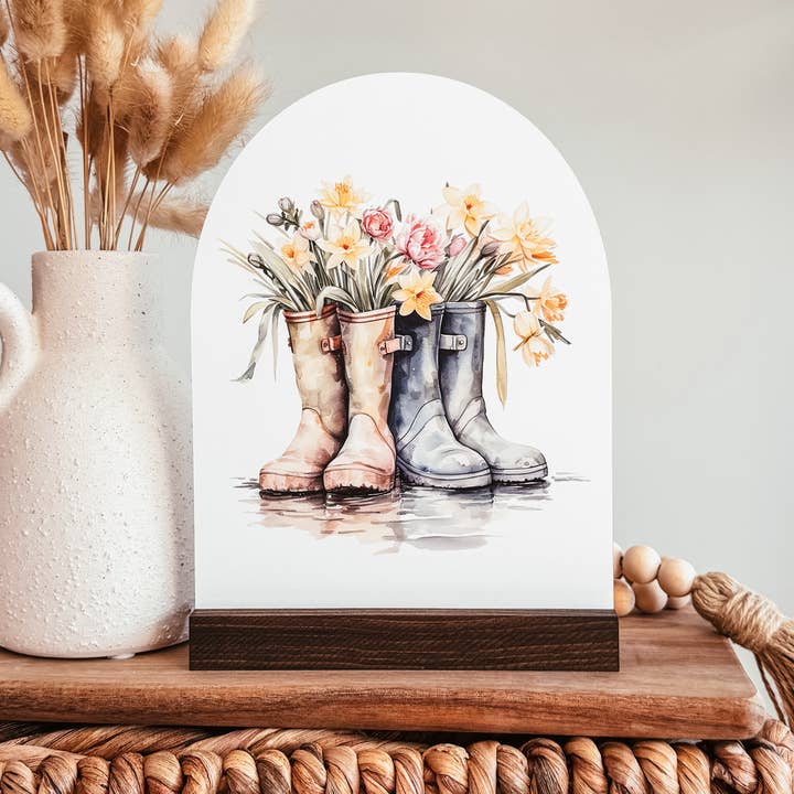 Floral Rubber Boots Mini Arch Sign | Spring Sign for wholesale by Knotty Design Co.