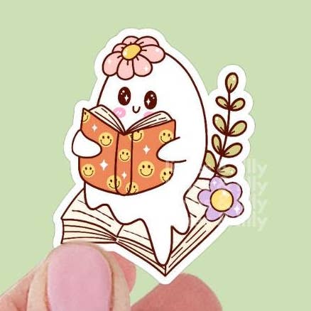 Autocollant en vinyle de fantôme mignon lisant un livre avec un visage heureux et un chapeau fleuri | Autocollant pour bouteille d'eau | Autocollants de lecteur | Autocollants pour Kindle pour la vente par Limes & Lilly