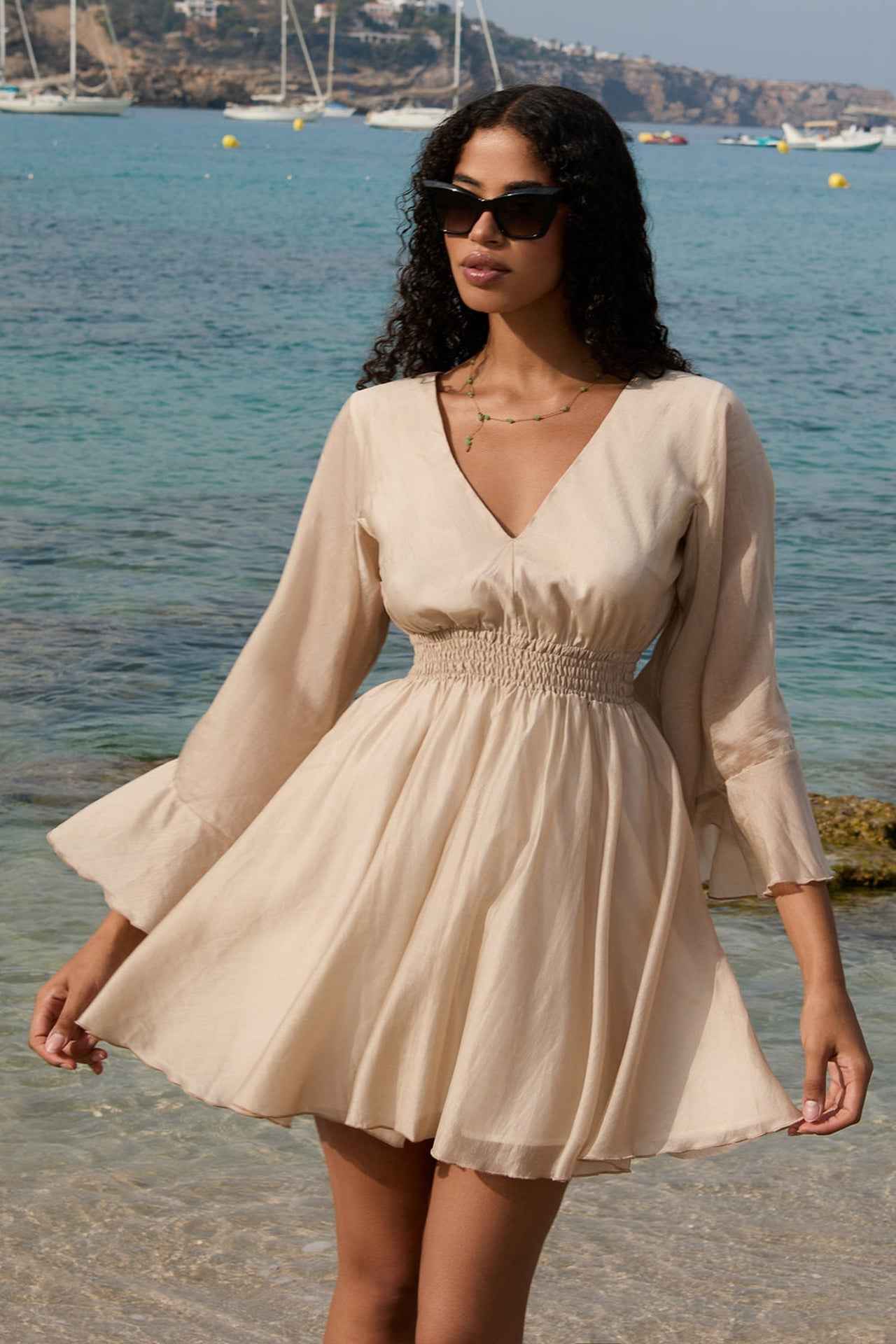 Fashion Roots - Wholesale Dress - Women's - SHORT LYOCELL DRESS WITH WIDE SLEEVES IN BEIGE - ESSENTIALS9