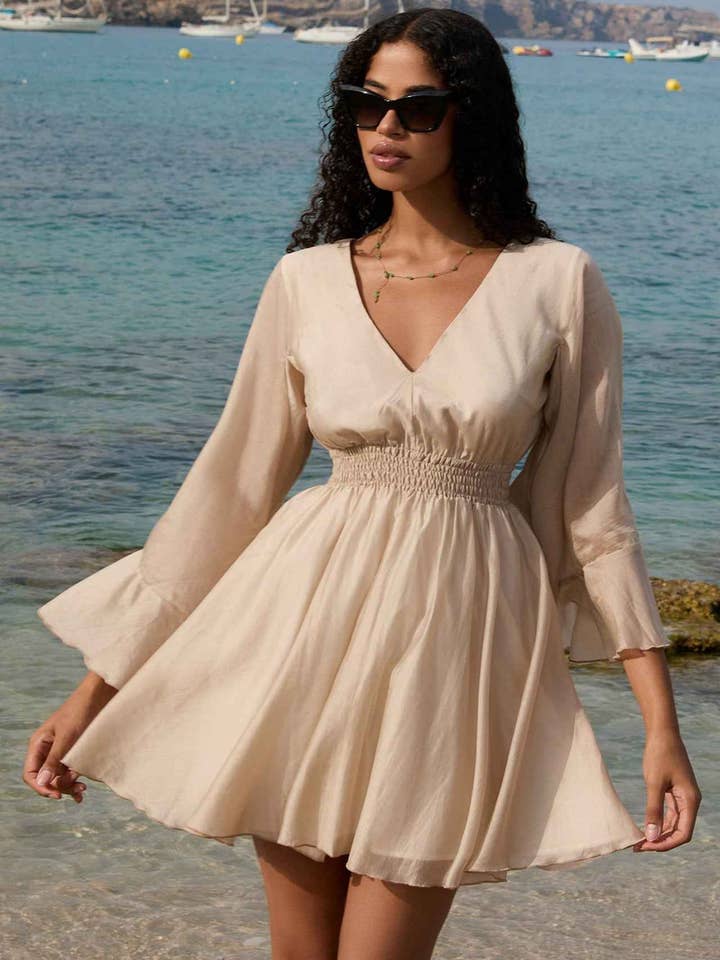 Fashion Roots - Wholesale Dress - Women's - SHORT LYOCELL DRESS WITH WIDE SLEEVES IN BEIGE - ESSENTIALS9