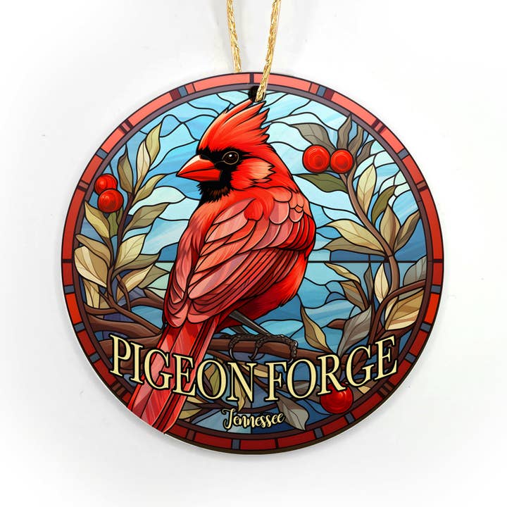 Cardinal Stained Glass "Look" WOOD Ornament - Name Drop for wholesale by Map Mom
