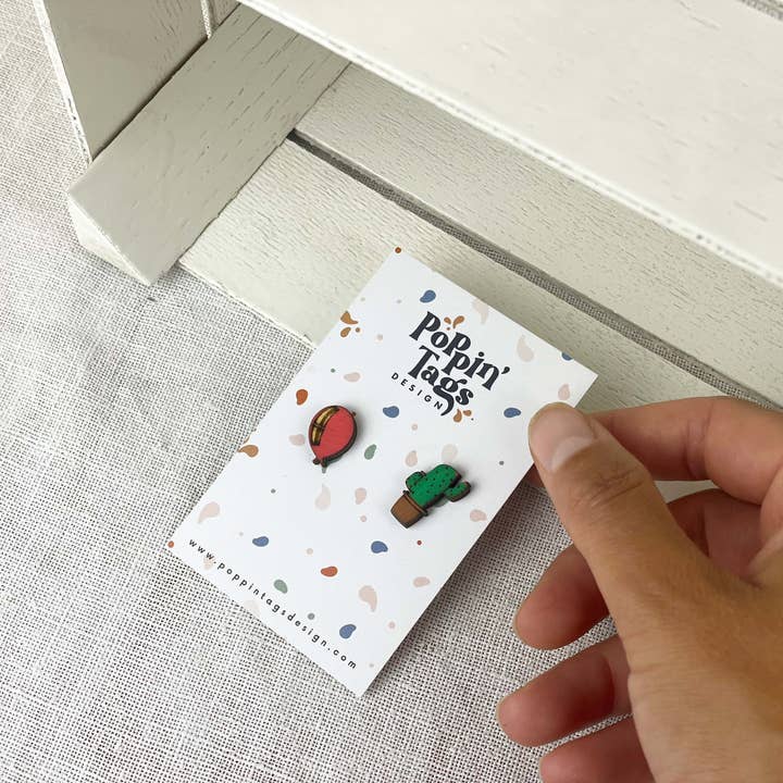 Wooden Earrings: Cactus And Balloon for wholesale by Poppin' Tags Design