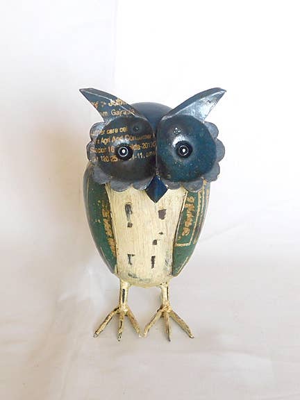 Blue Mama Owl Recycled Metal Animals for wholesale by Everyday Artifact