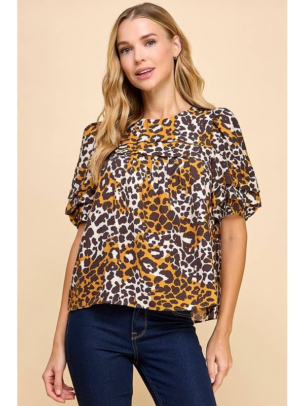 TCEC - Wholesale Blouse - Women's - CT9173-Cheetah Print Pleated Yoke Line Top