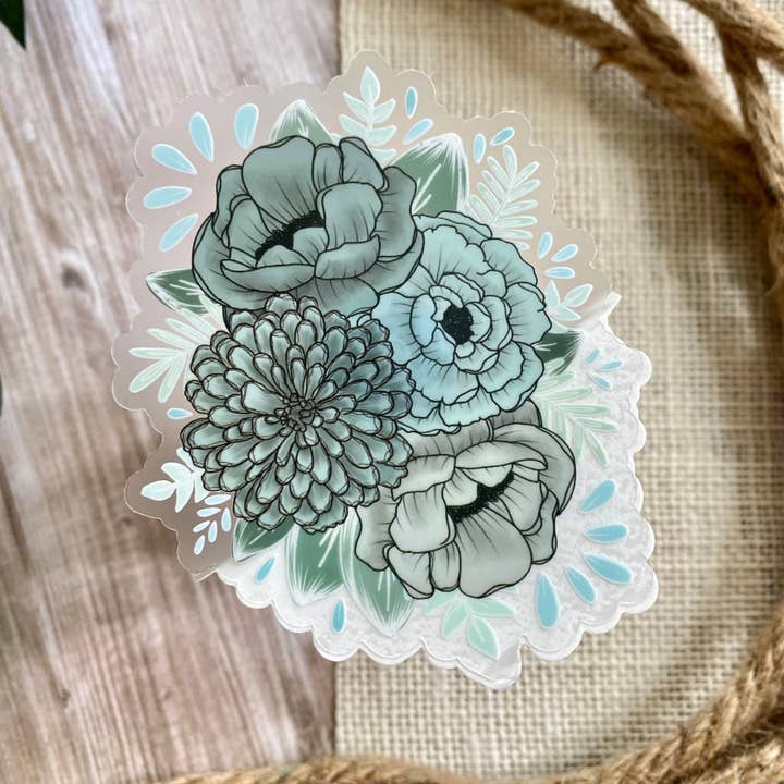 Pale Blue Floral Arrangement Clear Sticker | 3" x 3.5" for wholesale by JazzyArtCo
