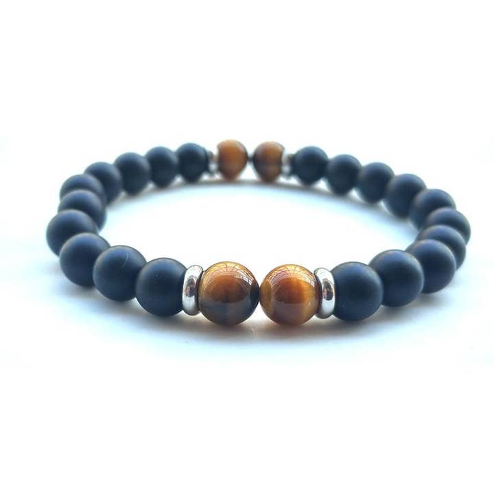 Matte onyx and tiger eye bracelet A (7-8mm beads) for wholesale by La Boîte à Cailloux