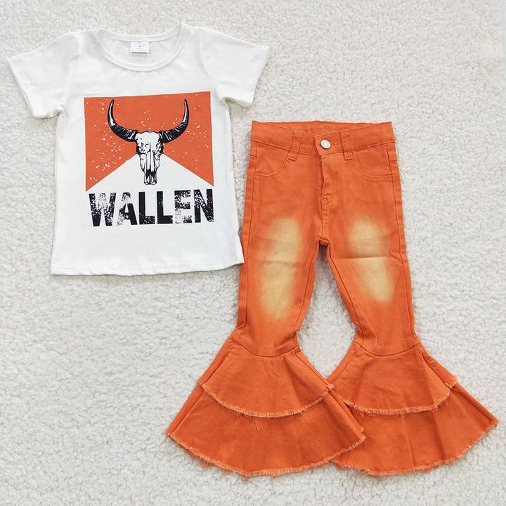 Chemises en forme de vache orange pour petites filles, pantalons en jean, ensembles de vêtements pour la vente par Aier Wholesale