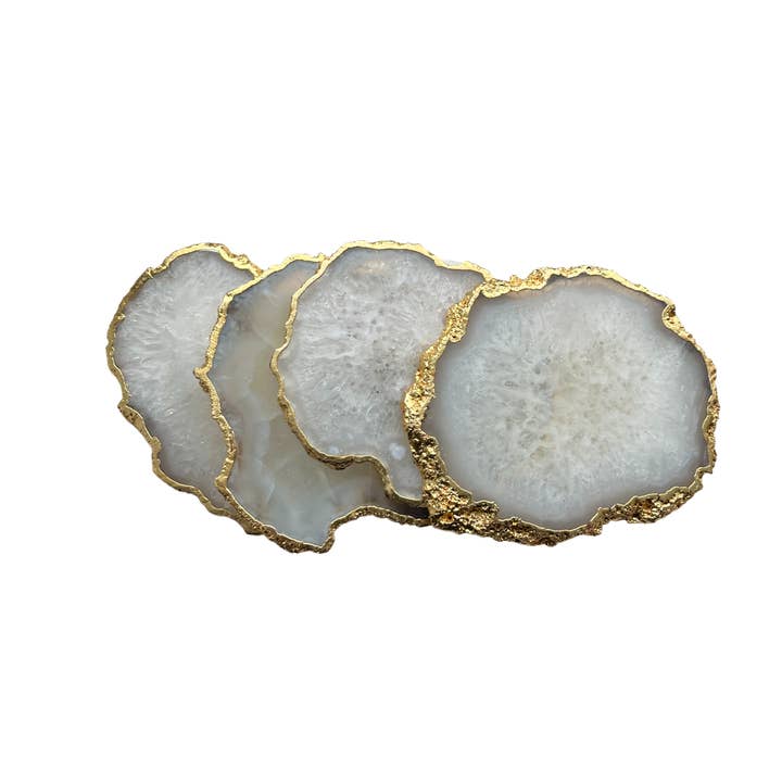Muno - Wholesale Coasters - White Salt Gemstone Coaster with golden trim - Gift Crystal
