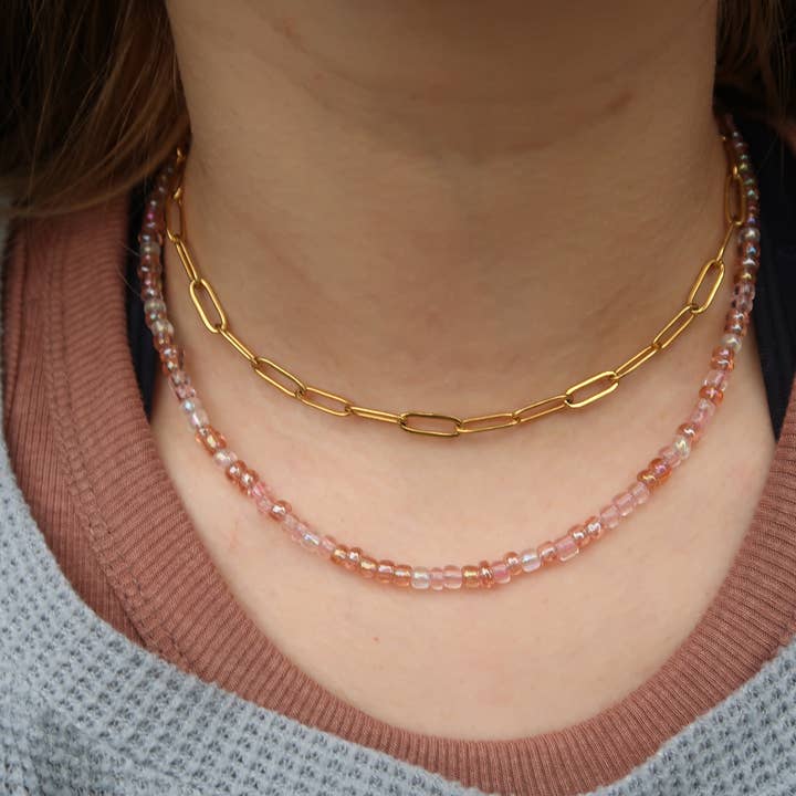 Adjustable Pink Rose Quartz Beaded Choker Necklace for wholesale by Athena’s Art Cove