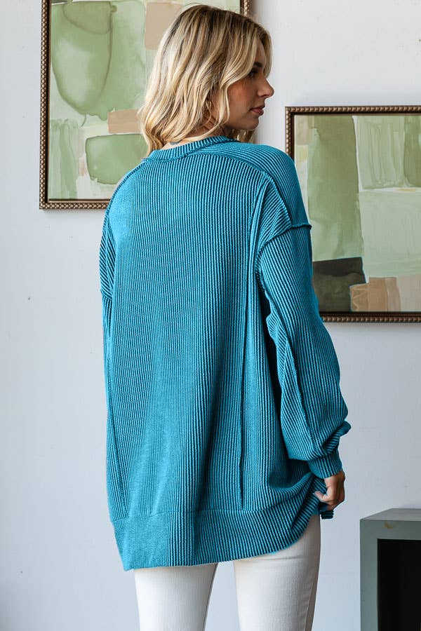 7th Ray - Wholesale Tunic - Women's - [PLUS SIZE]Rib VStitch Drop Shoulder Long Sleeve Top T5668XL9