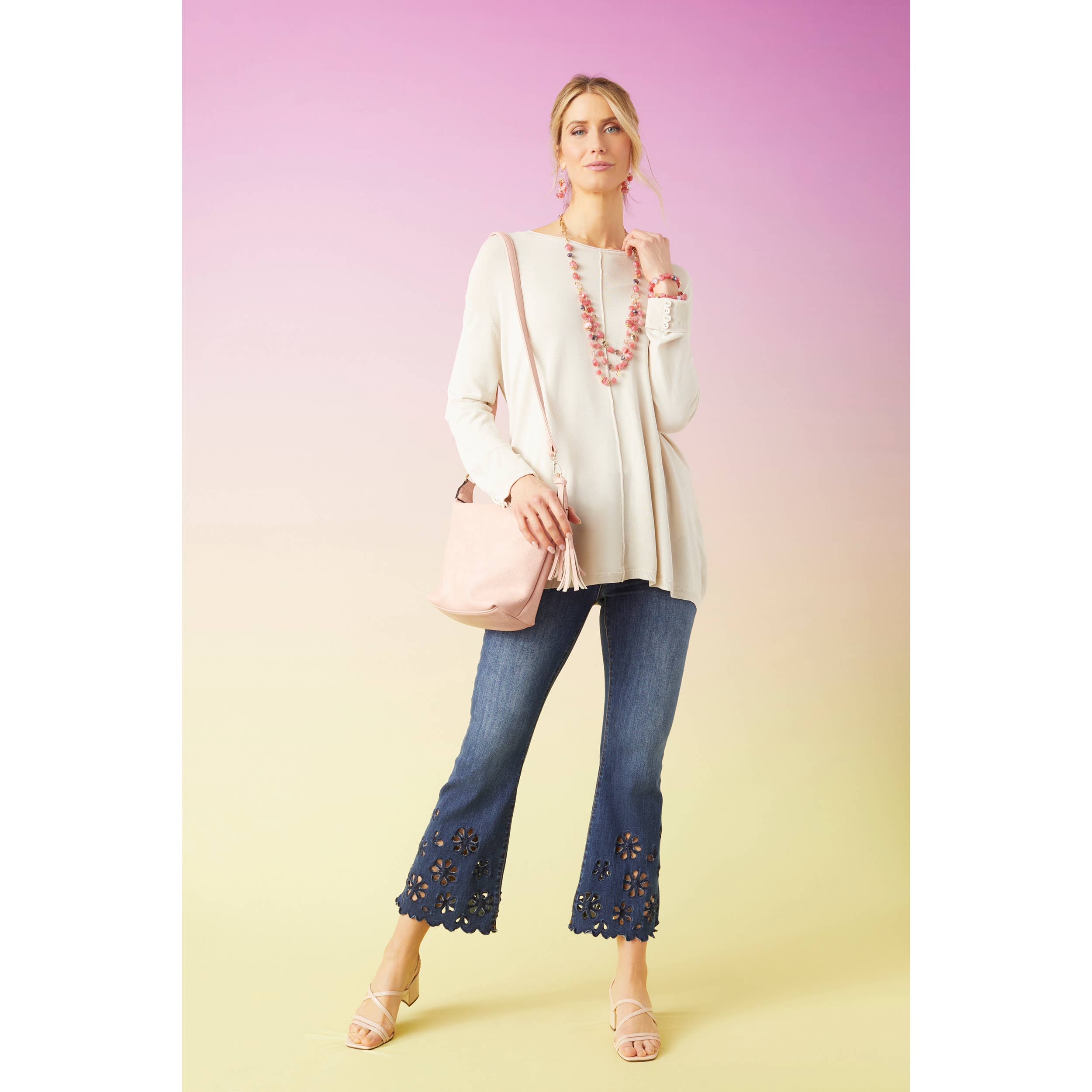 Indigo Dark Denim Bambu Soft Flare Ankle with Eyelet Flowers for wholesale on Faire2