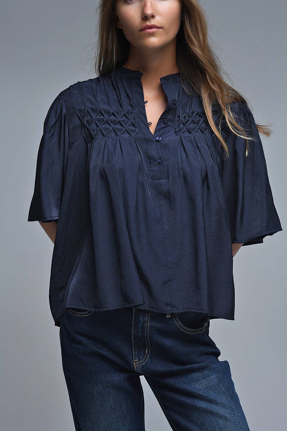Relaxed Navy boho-style blouse with embroidered details for wholesale on Faire3