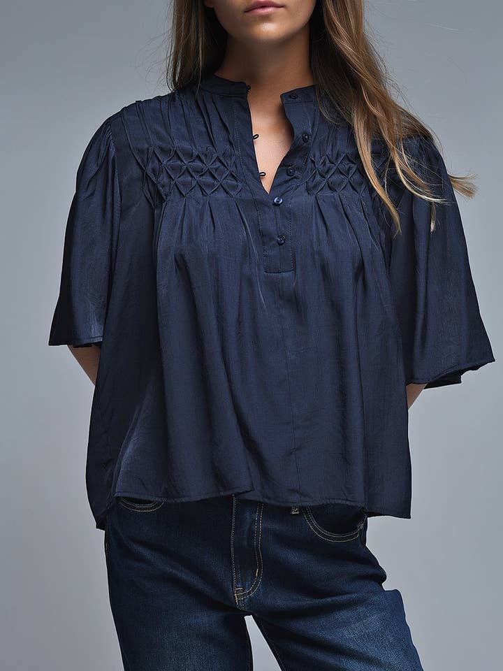 Relaxed Navy boho-style blouse with embroidered details for wholesale on Faire3