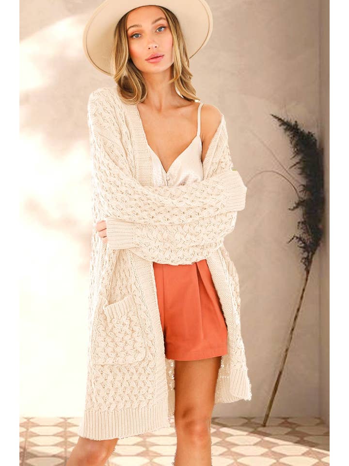Vine & Love - Wholesale Cardigan - Women's - Patch Pocket Textured Crochet Knitted Cardigan VJ81329