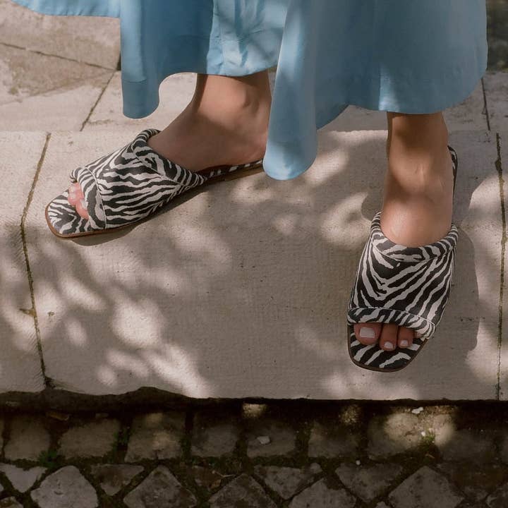 Karit Slides, zebra velvet for wholesale by Balagan Studio