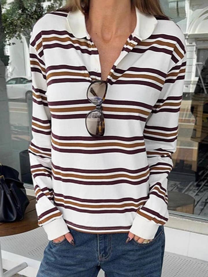 BROWN Striped Polo T-Shirt with Long Sleeves for wholesale on Faire4