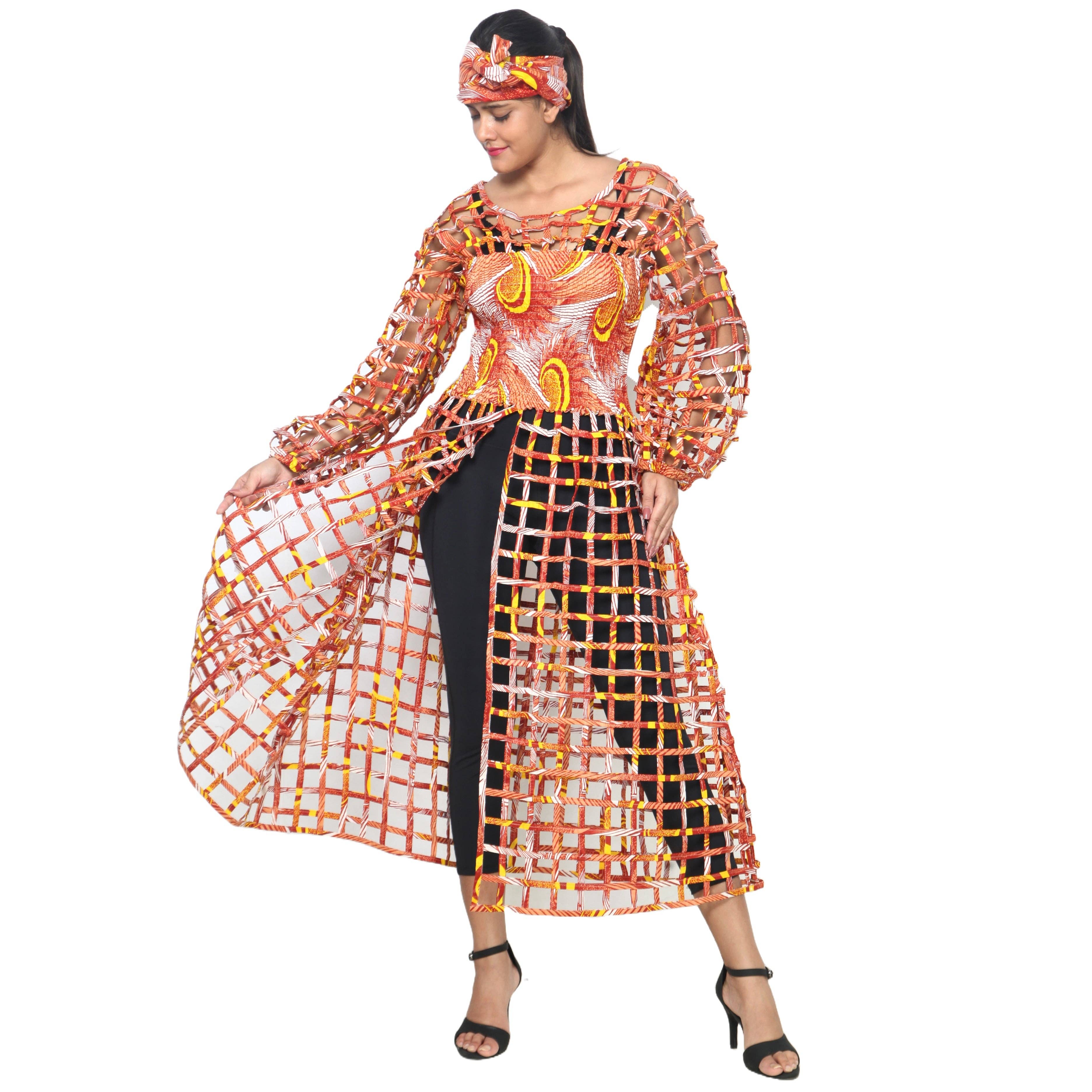 African Stars - Wholesale Dress - Women's - Women's Long Sleeve Smocked Bodice Cage Dress -- FI-ST12222