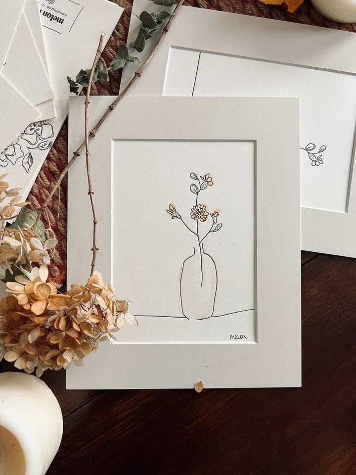 flower + vase matted letterpress and watercolor print for wholesale by melon r. studio