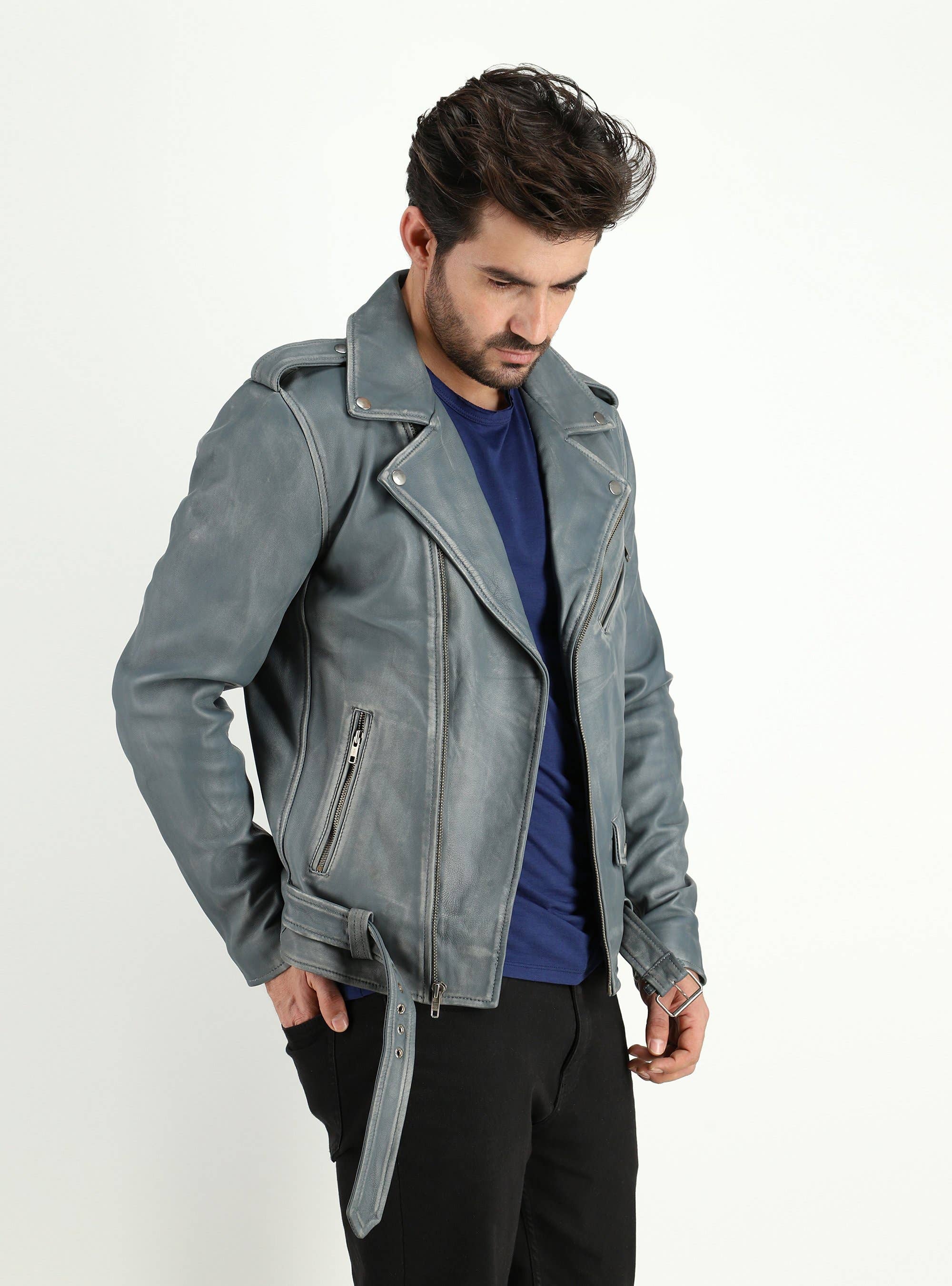 Men's Cowhide Dual Tone Gray Motorcycle Style Leather Jacket for wholesale on Faire3
